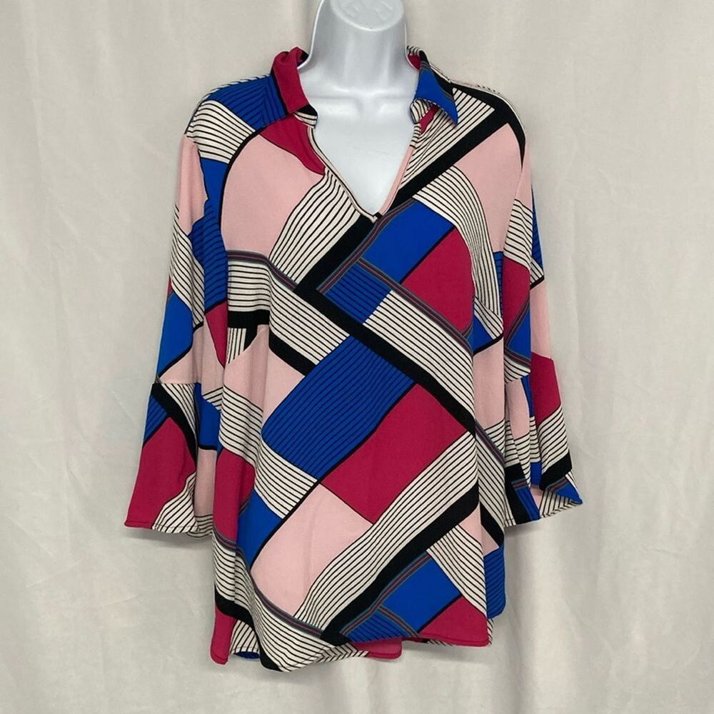INVESTMENTS II pink blue multicolor geometric flare sleeve top 1X